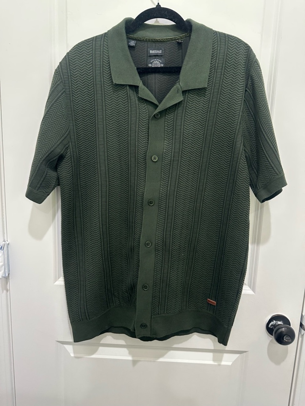 Buffalo David Bitton Olive Green Knit button down polo with Leather Logo Patch